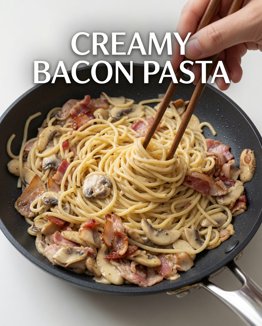 Sauce jaune crémeuse versée sur les spaghettis dans la poêle.