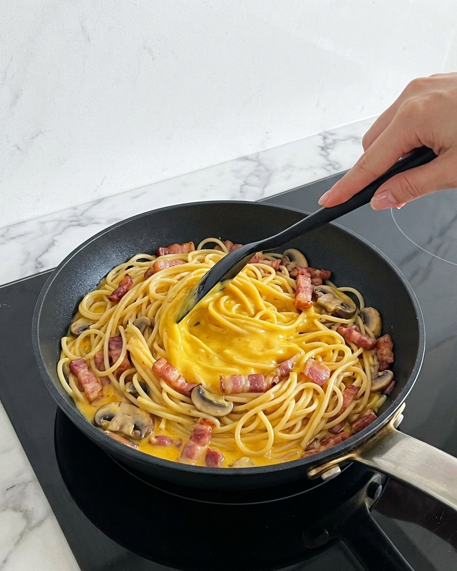 Spatule mélangeant les pâtes et la sauce crémeuse dans la poêle.