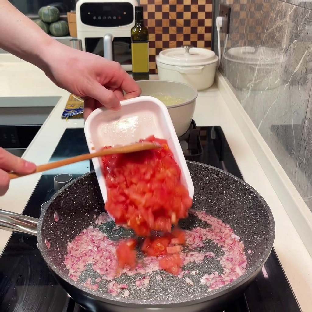 Des tomates en dés cuisant dans une poêle jusquà rendre leur jus.