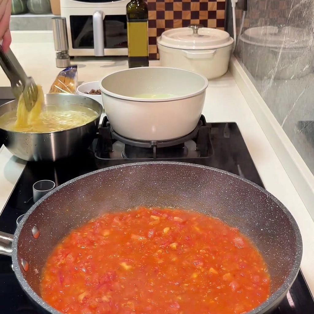 Le bœuf haché mélangé à la base de tomates et doignons dans la poêle.
