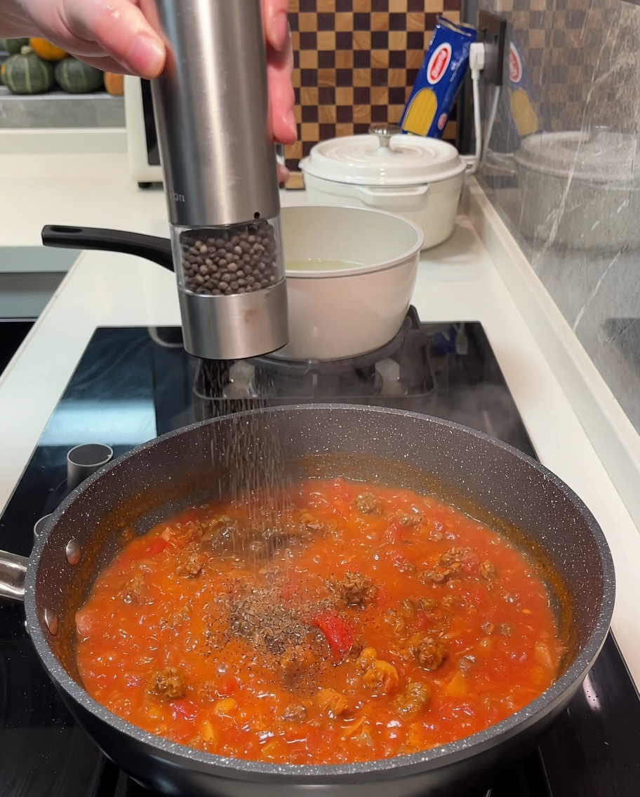 Du ketchup et des assaisonnements ajoutés à la sauce à la viande dans la poêle.
