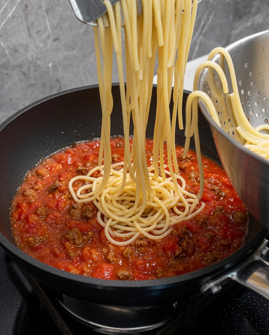 Des spaghettis cuits ajoutés à une poêle contenant une généreuse sauce rouge à la viande.