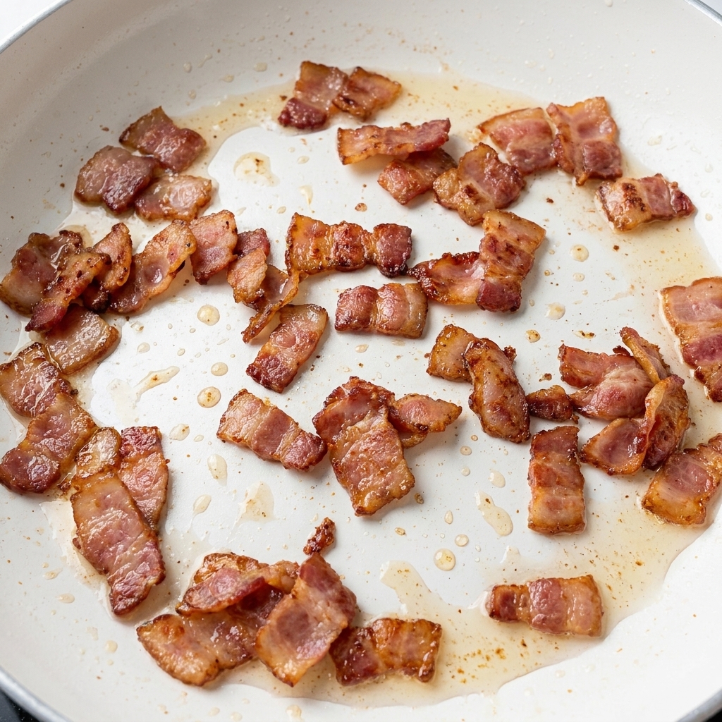 Morceaux de guanciale qui grésillent dans leur gras fondu.