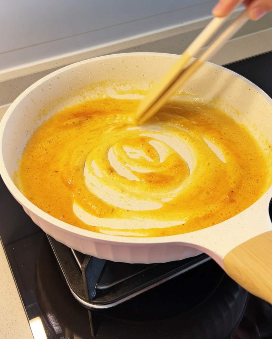 La crème est versée dans la poêle et mélangée à la base dœuf salé.