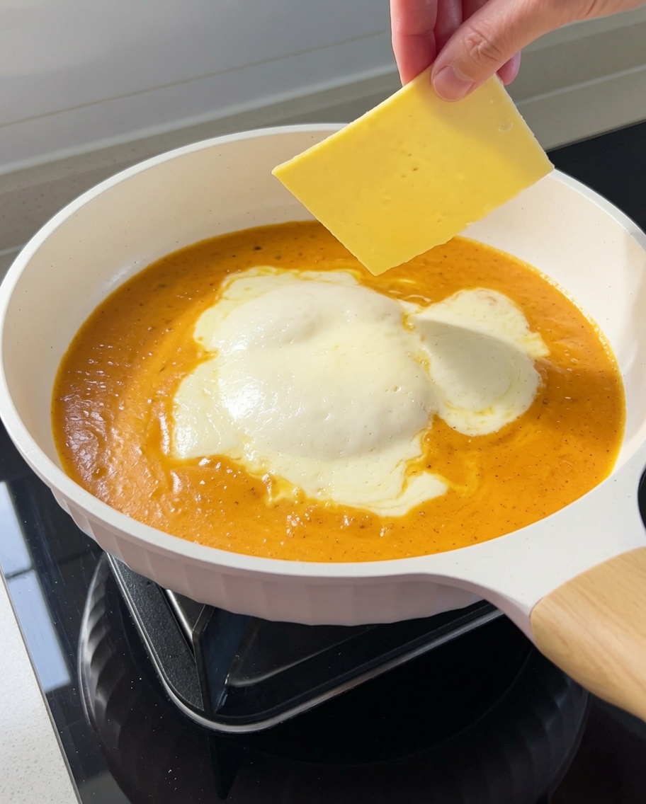 Une tranche de fromage fondu incorporée à la sauce crémeuse orange.