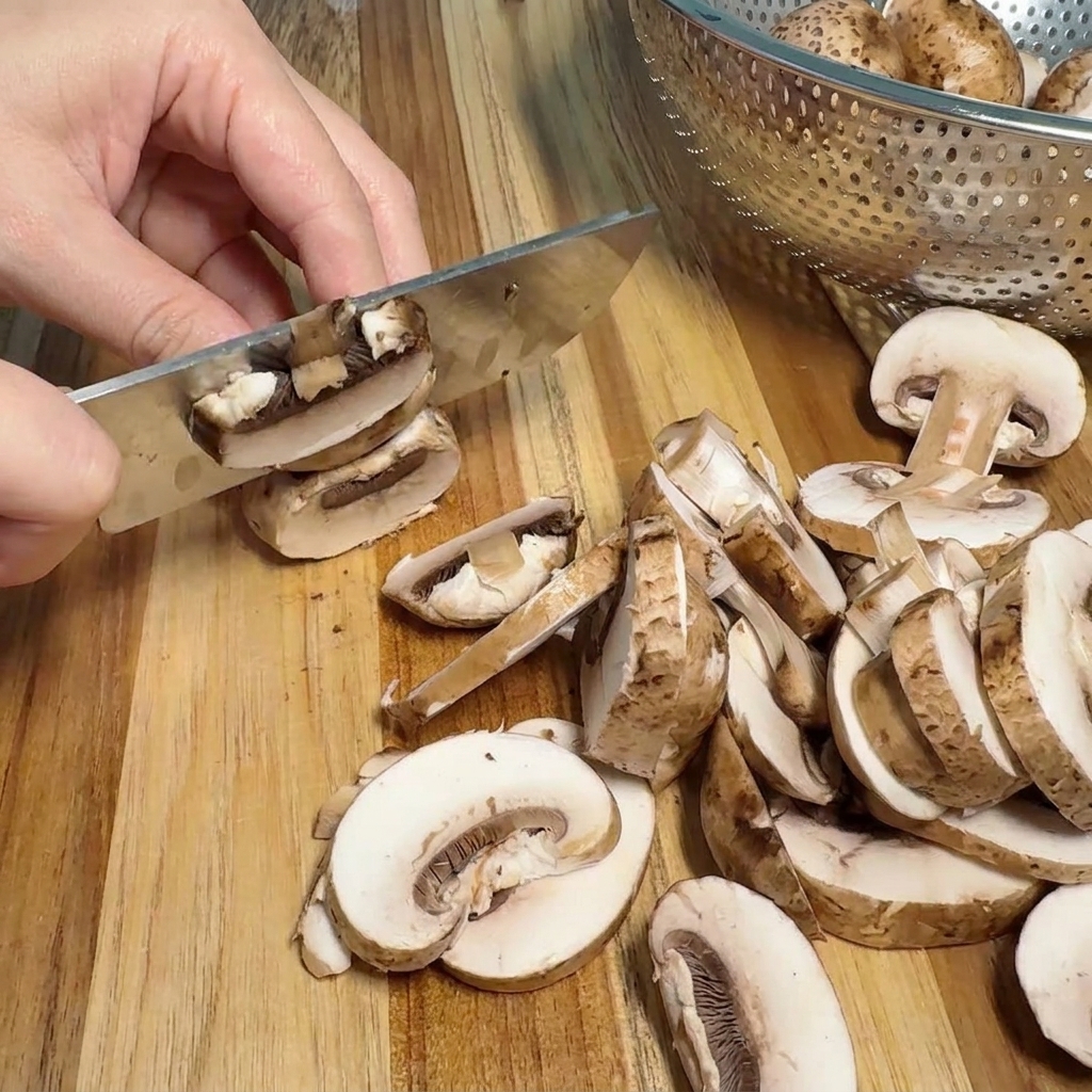 Des champignons frais coupés en fines tranches régulières avec un couteau de cuisine.