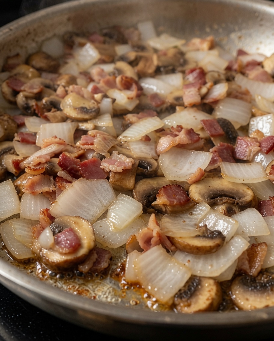 De la sauce Alfredo onctueuse versée dans une poêle contenant les lardons, les champignons et les oignons sautés.