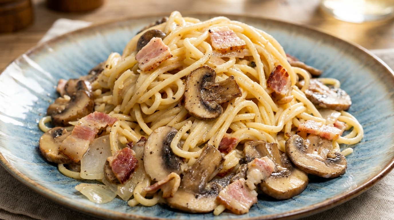 Pâtes Crémeuses aux Lardons et Champignons
