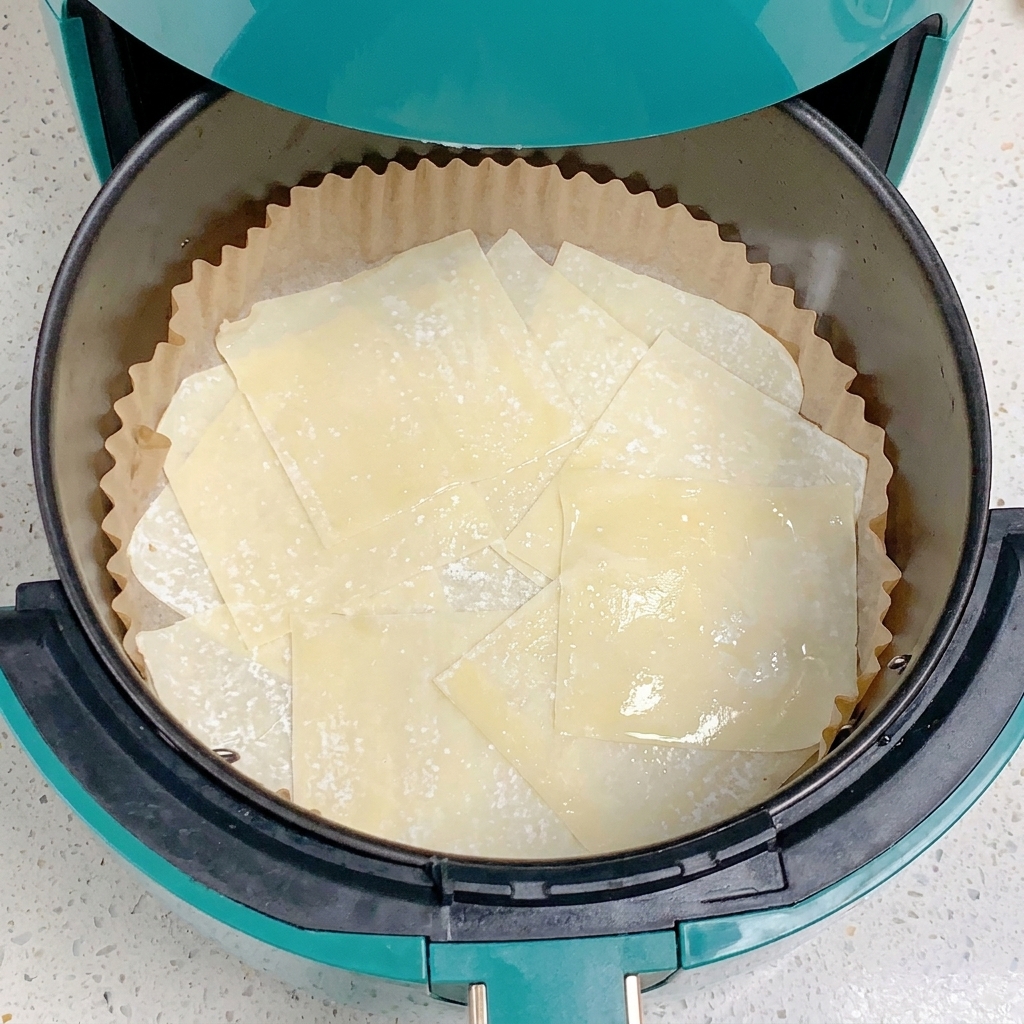 Une couche de feuilles de wonton carrées brillants dune légère couche dhuile dans un panier de friteuse.