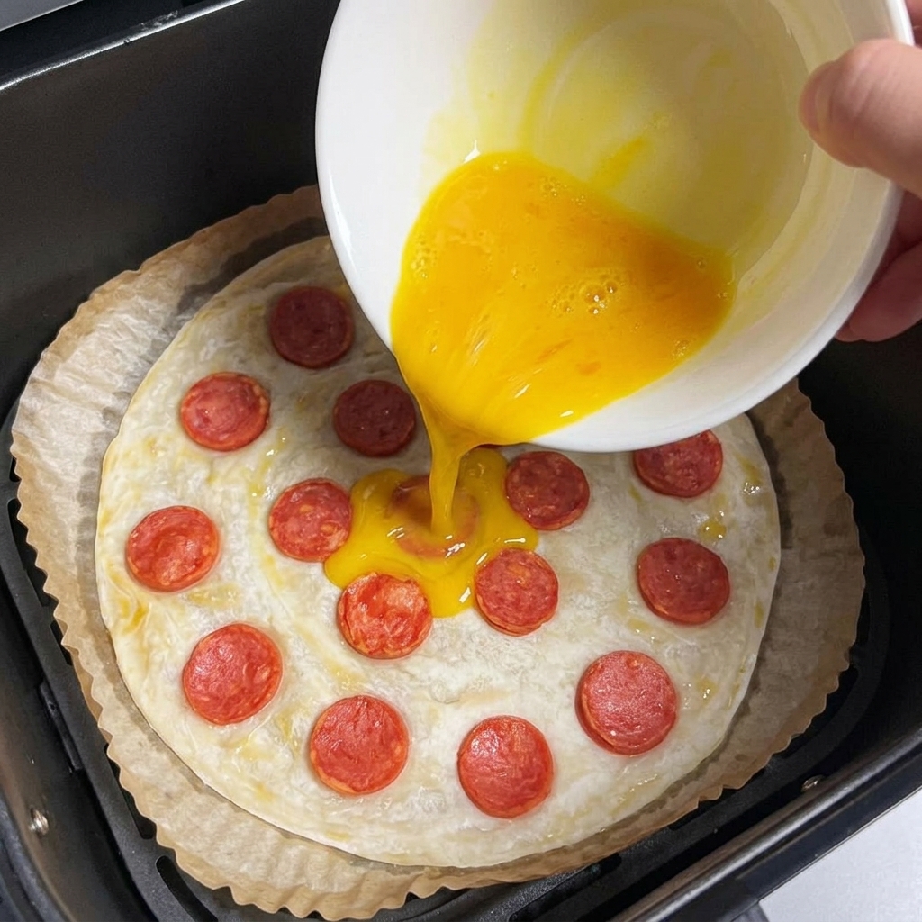 Mélange dœufs versé dun bol sur une crêpe à la ciboule garnie de rondelles de saucisse.