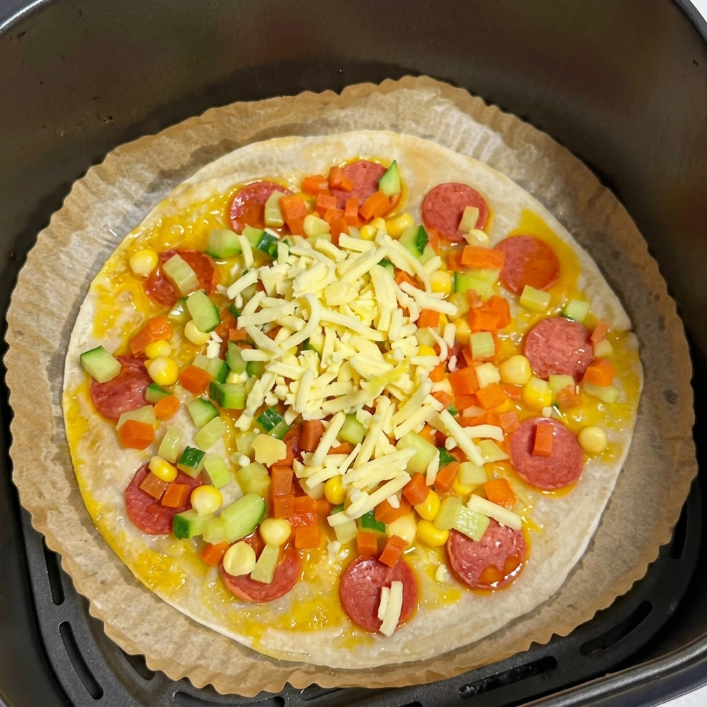 Une crêpe à la ciboule façon pizza garnie de légumes frais et dune épaisse couche de fromage râpé.