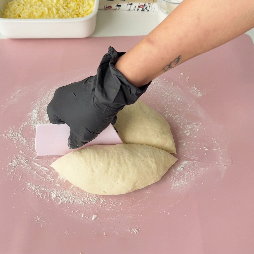 Une portion de pâte à pizza aplatie sur un tapis en silicone avec un rouleau à pâtisserie.
