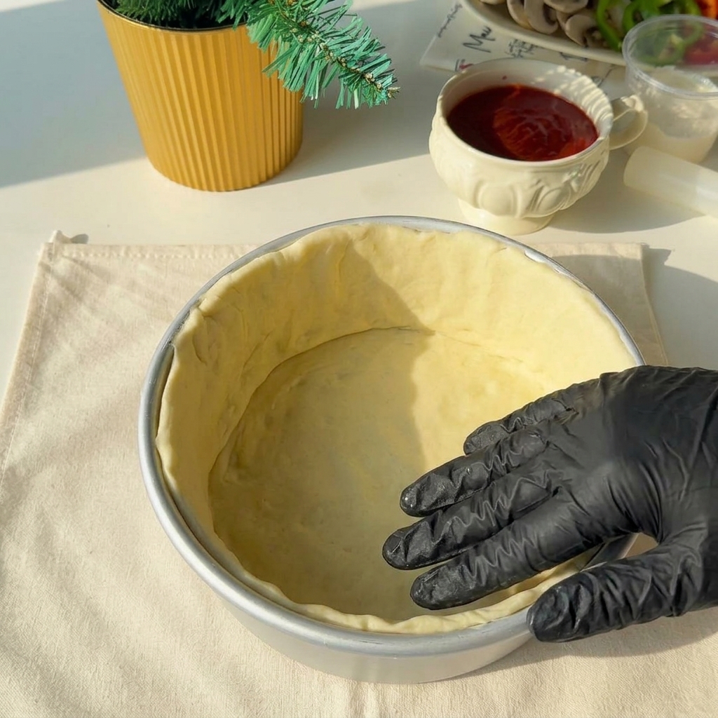 Une épaisse couche de fromage râpé étalée dans le moule tapissé de pâte.