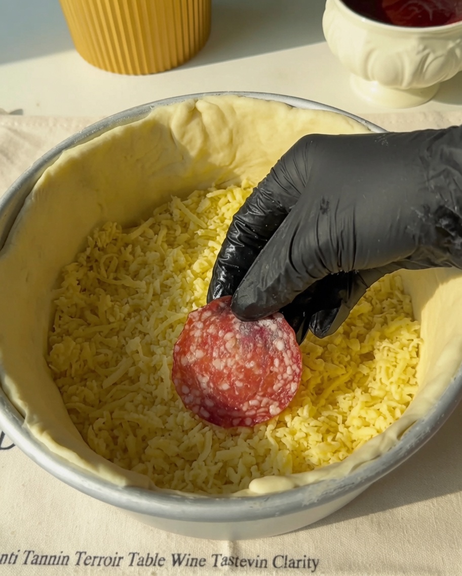 Tranches de salami disposées sur le fromage.