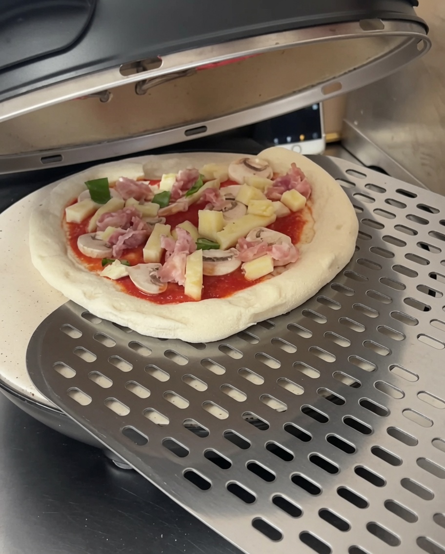 Une pizza crue généreusement garnie posée sur une pelle métallique, prête à être glissée dans un four à pizza dappartement noir.