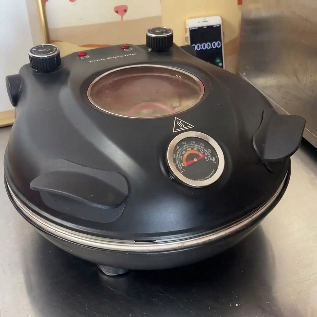 Un four à pizza dappartement noir fermé avec son indicateur de température visible, posé sur un plan de travail en acier inoxydable.