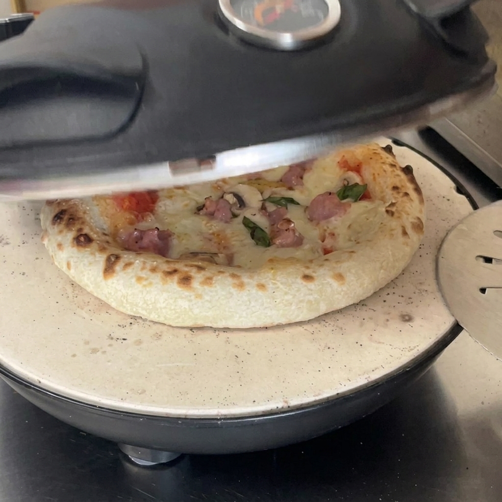 Une pizza dorée au fromage bouillonnant reposant sur la pierre de cuisson dun four dappartement ouvert.