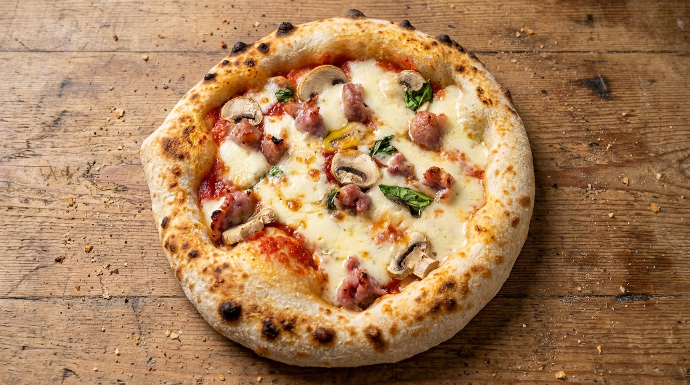 Pizza rustique aux champignons, porc et saucisse