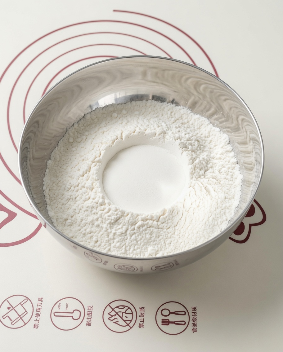 Un bol contenant les ingrédients secs : farine, levure, sucre et sel.