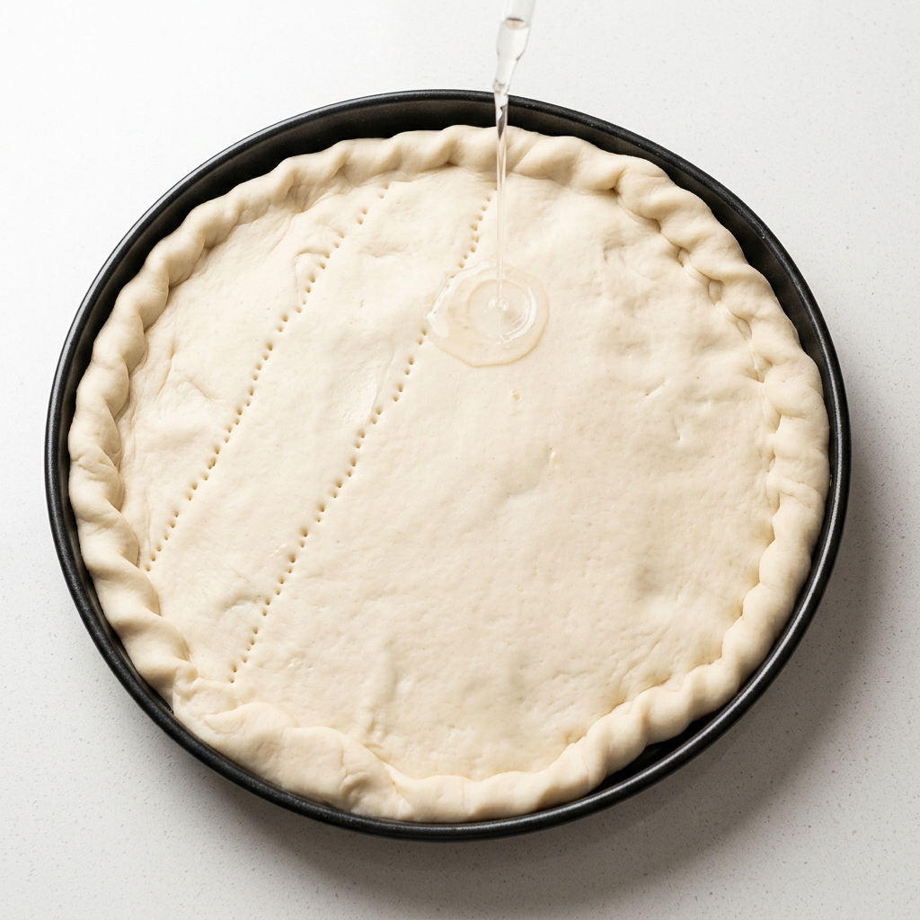 Une pâte à pizza dans un moule de cuisson rond, piquée avec une fourchette.