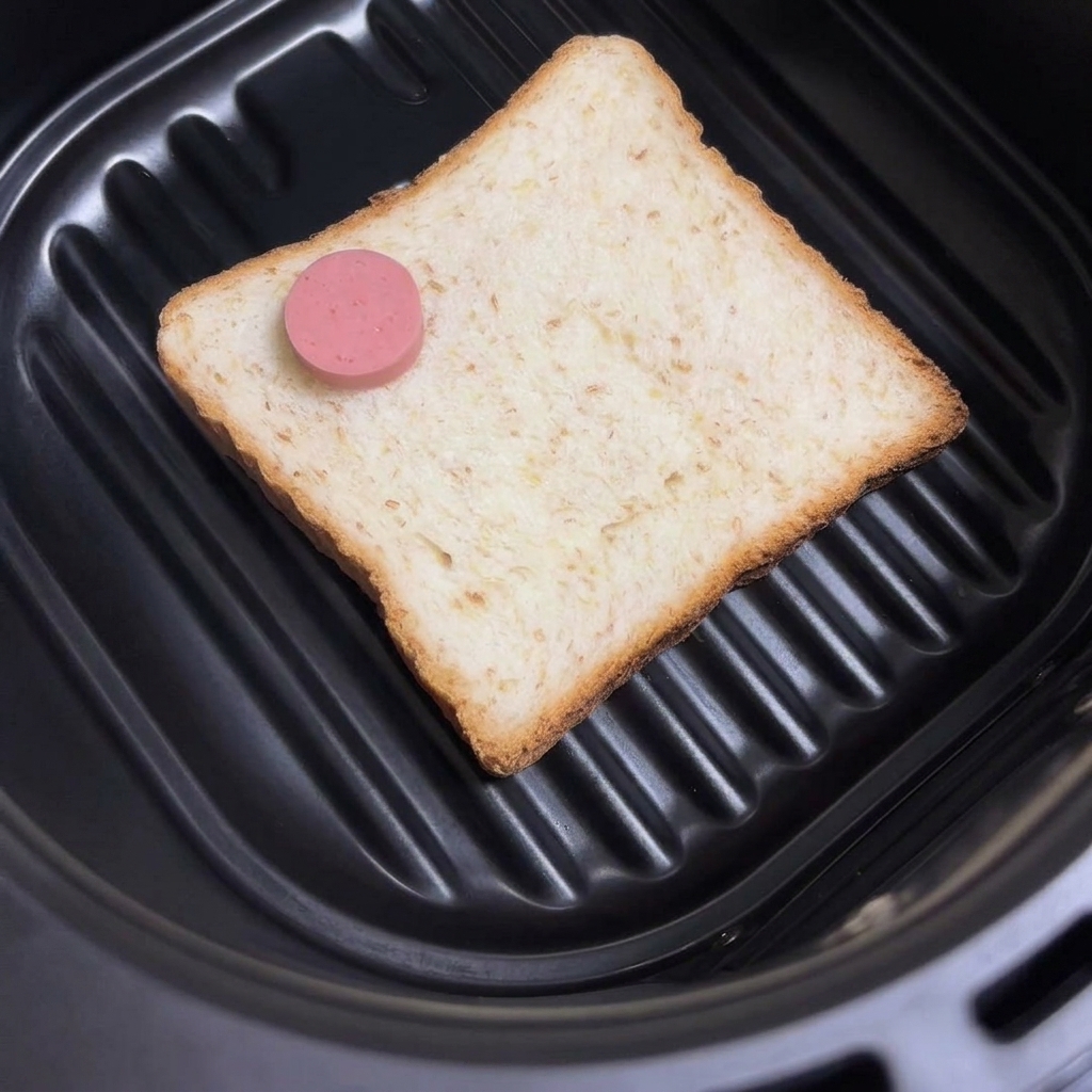 Des rondelles de saucisse réparties sur la tranche de pain blanc dans le Air Fryer.
