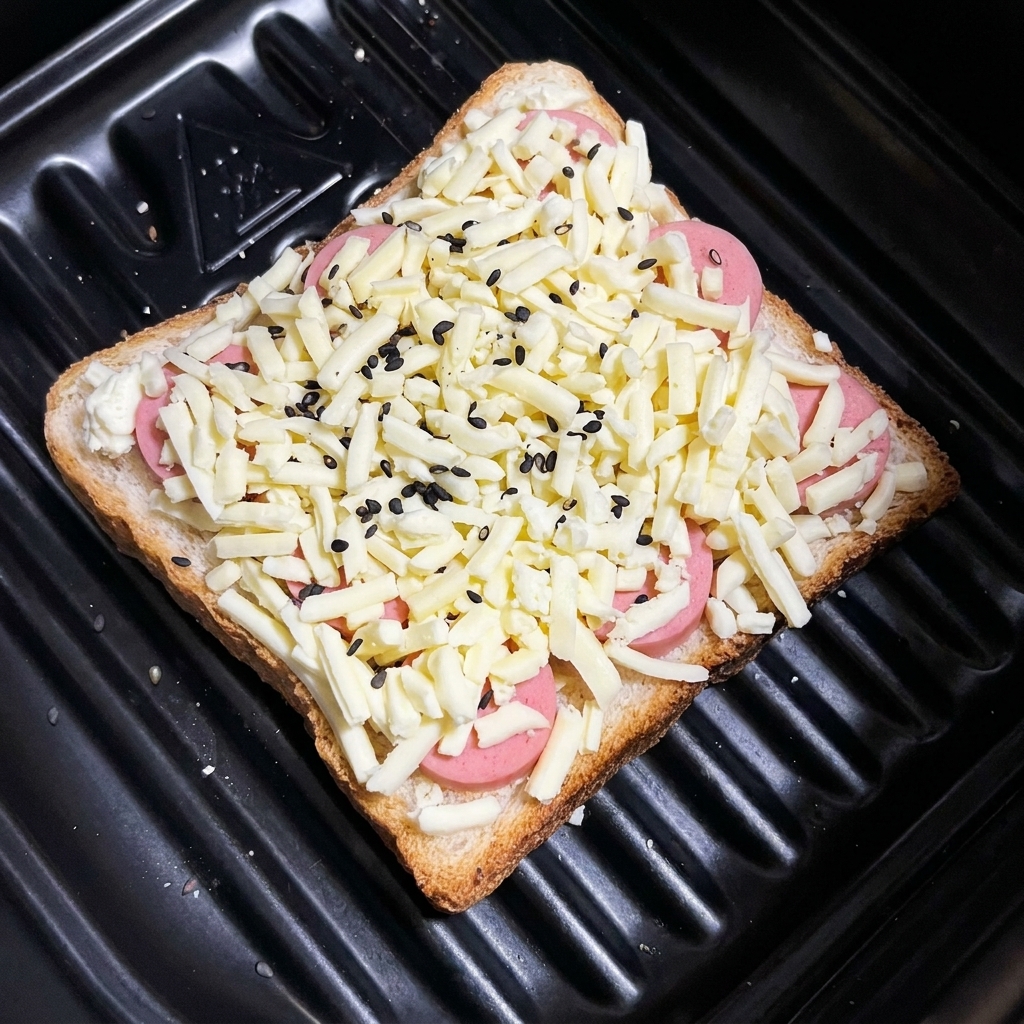 Le toast assemblé avec sa saucisse et son fromage, parsemé de graines de sésame noir.