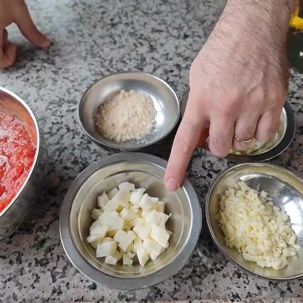 Assortiment de six types de fromages dans des bols en métal sur un plan de travail en marbre.