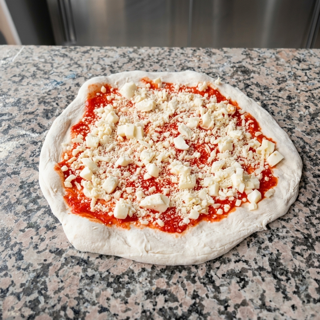 Saupoudrage de fromage râpé et dherbes séchées sur la pizza assemblée.