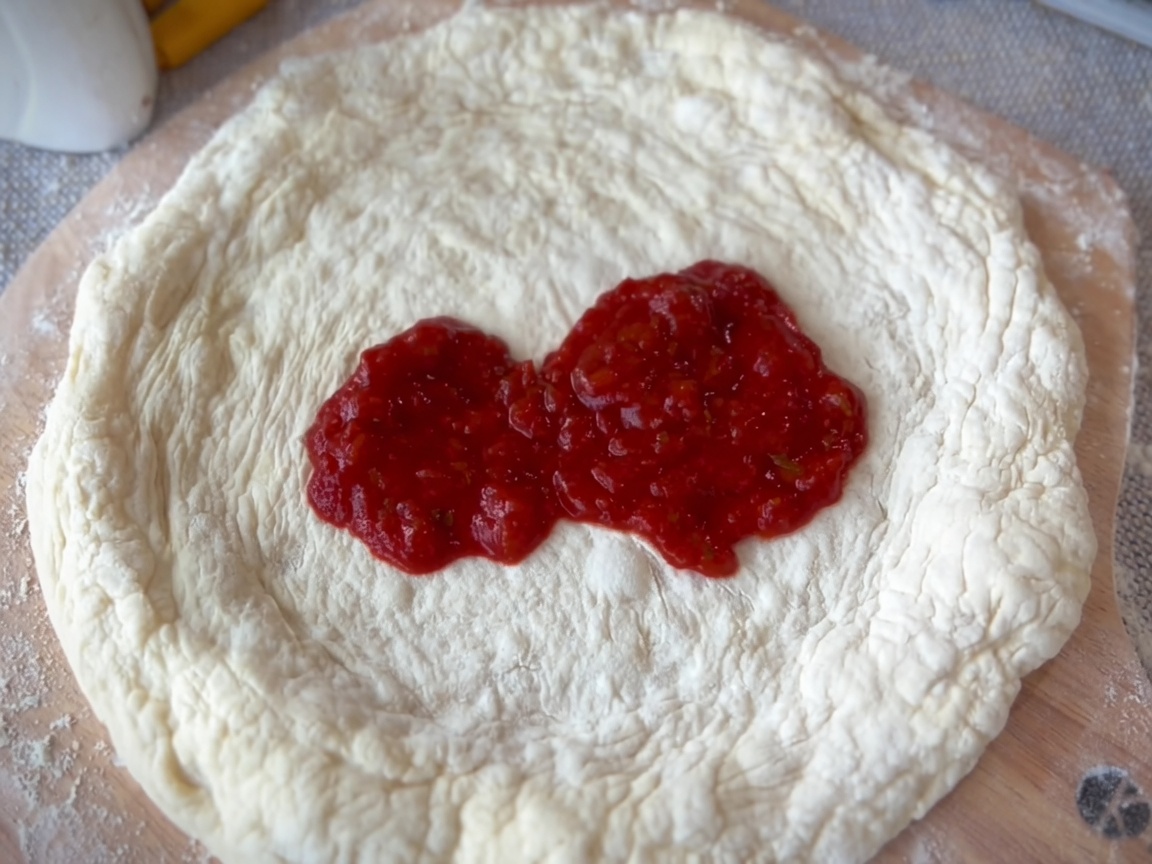 Une cuillère étalant de la sauce marinara rouge sur le centre dune base de pâte à pizza circulaire.