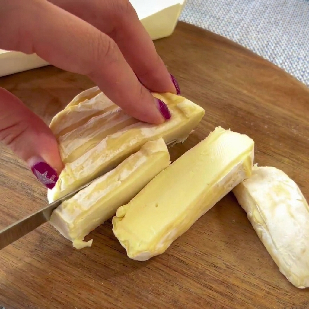 De larges tranches de Taleggio disposées sur la couche de salami sur une base de pizza.