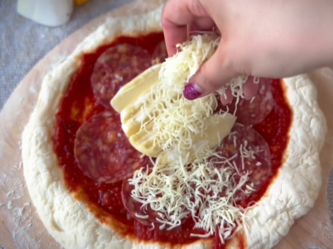 Une main saupoudrant de la mozzarella râpée sur une pizza garnie de salami et de Taleggio.