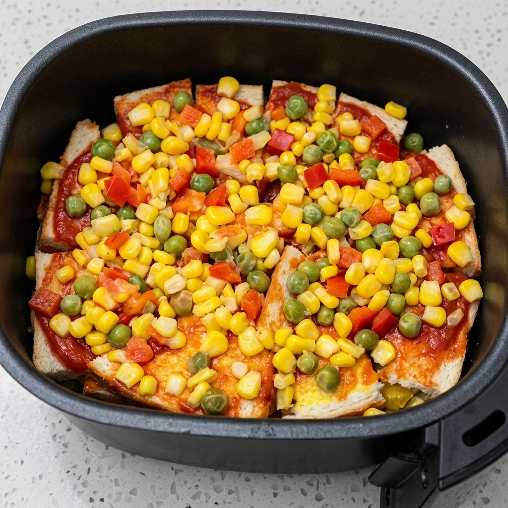 Des tranches de jambon déposées sur la couche de légumes dans le panier de lAir Fryer.