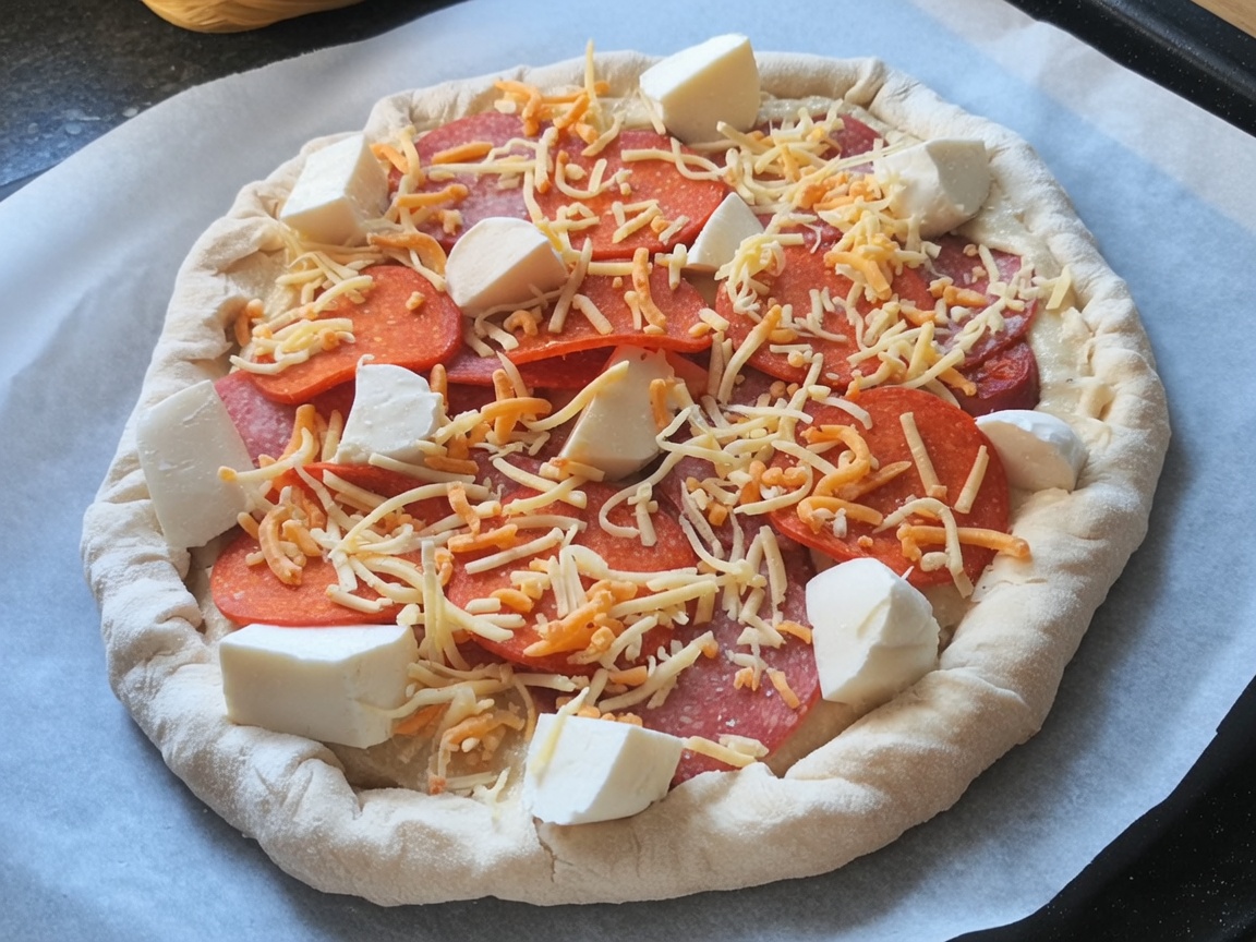 La pizza assemblée sur du papier cuisson, prête à être enfournée.