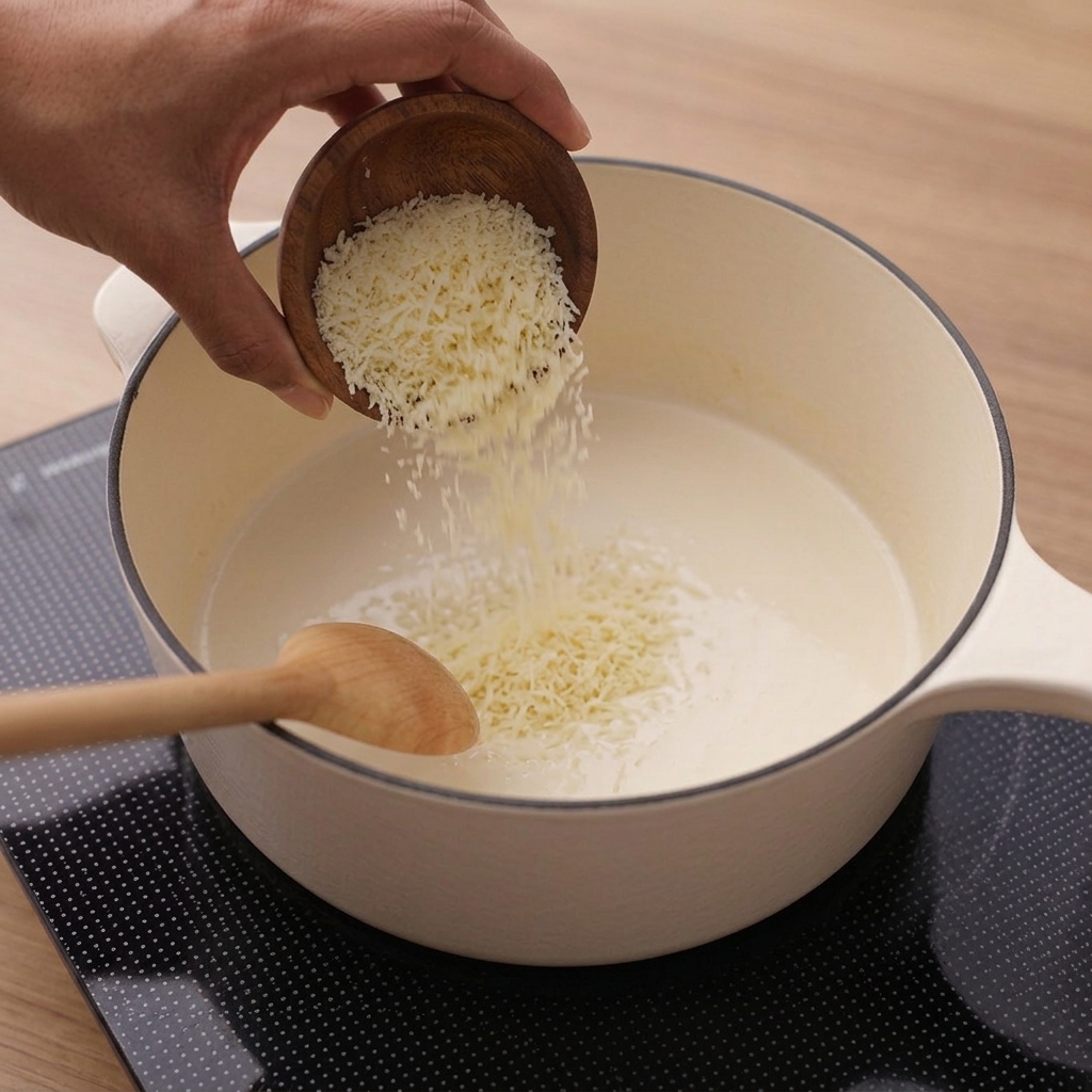 Du parmesan râpé tombant dun petit bol en bois dans une sauce blanche crémeuse.