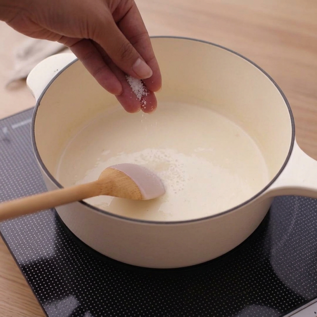 Du sel étant saupoudré dans une sauce crémeuse mijotant dans une casserole blanche.