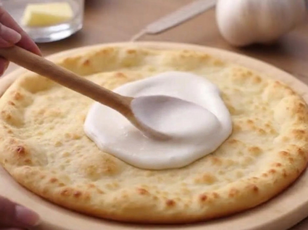 Sauce à pizza blanche étalée sur une pâte à pizza ronde à laide dune cuillère en bois.