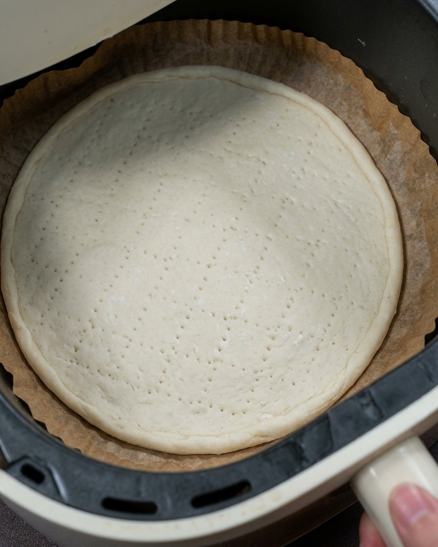 Un panier dAir Fryer contenant la base de pâte crue et piquée glissé dans lappareil.