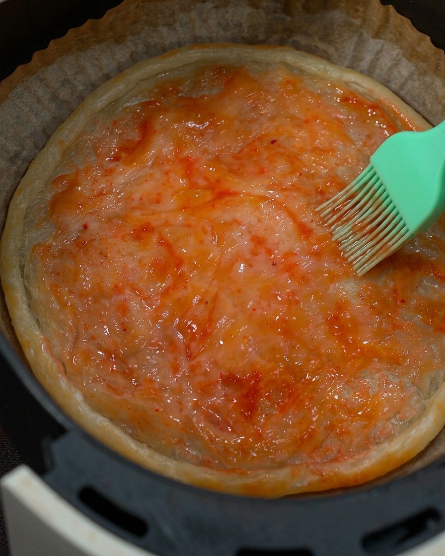 Un pinceau en silicone vert étalant une sauce tomate rouge vif sur la surface dune croûte dorée précuite.