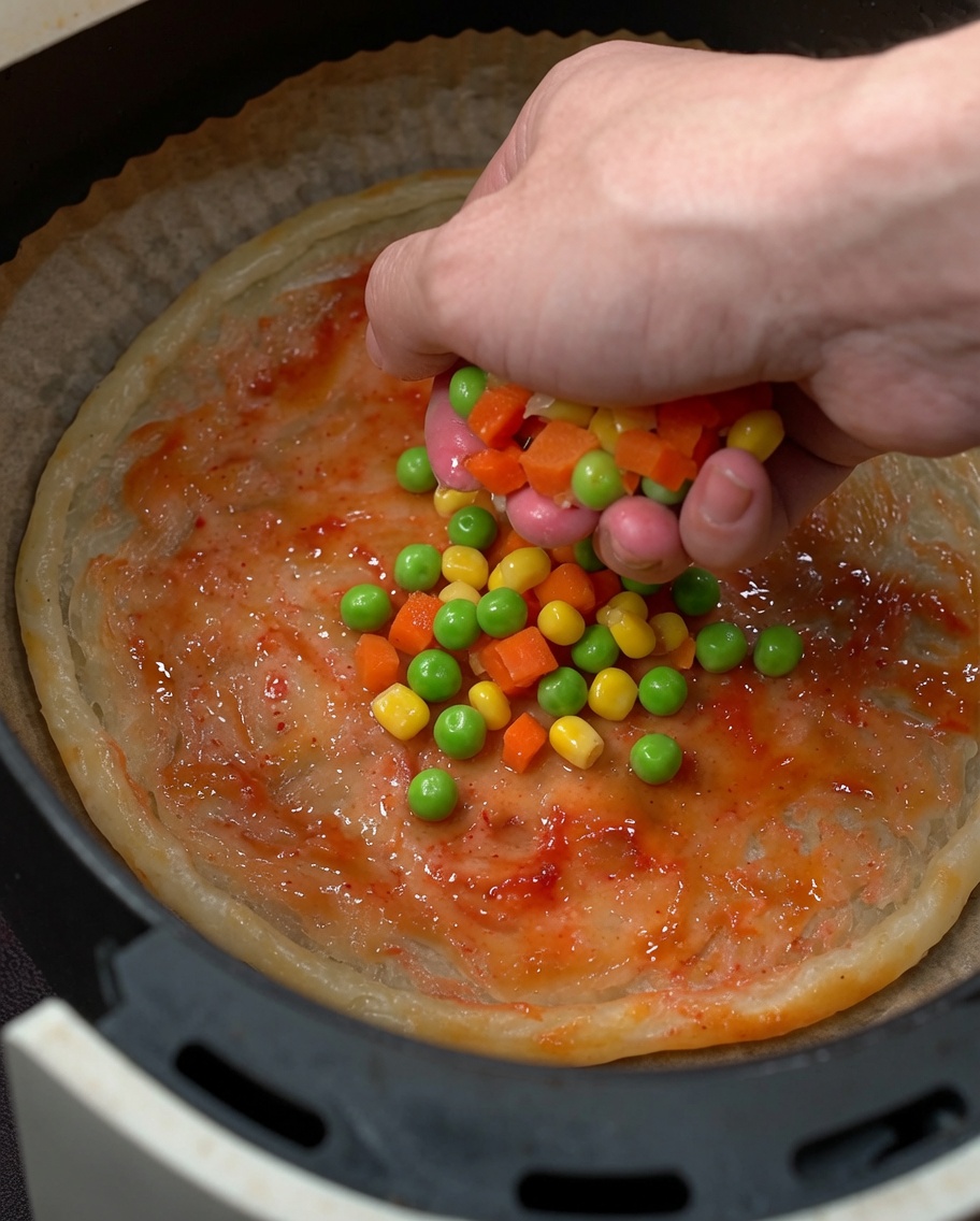 Une main saupoudrant une macédoine de légumes colorés (carottes, petits pois, maïs) sur la base de la pizza nappée de sauce.