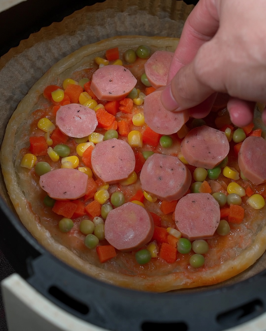 Une main disposant des rondelles de saucisse rosées sur la base de la pizza couverte de légumes.