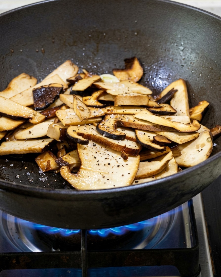 Des champignons émincés sautant dans une poêle chaude avec de lail et des assaisonnements.