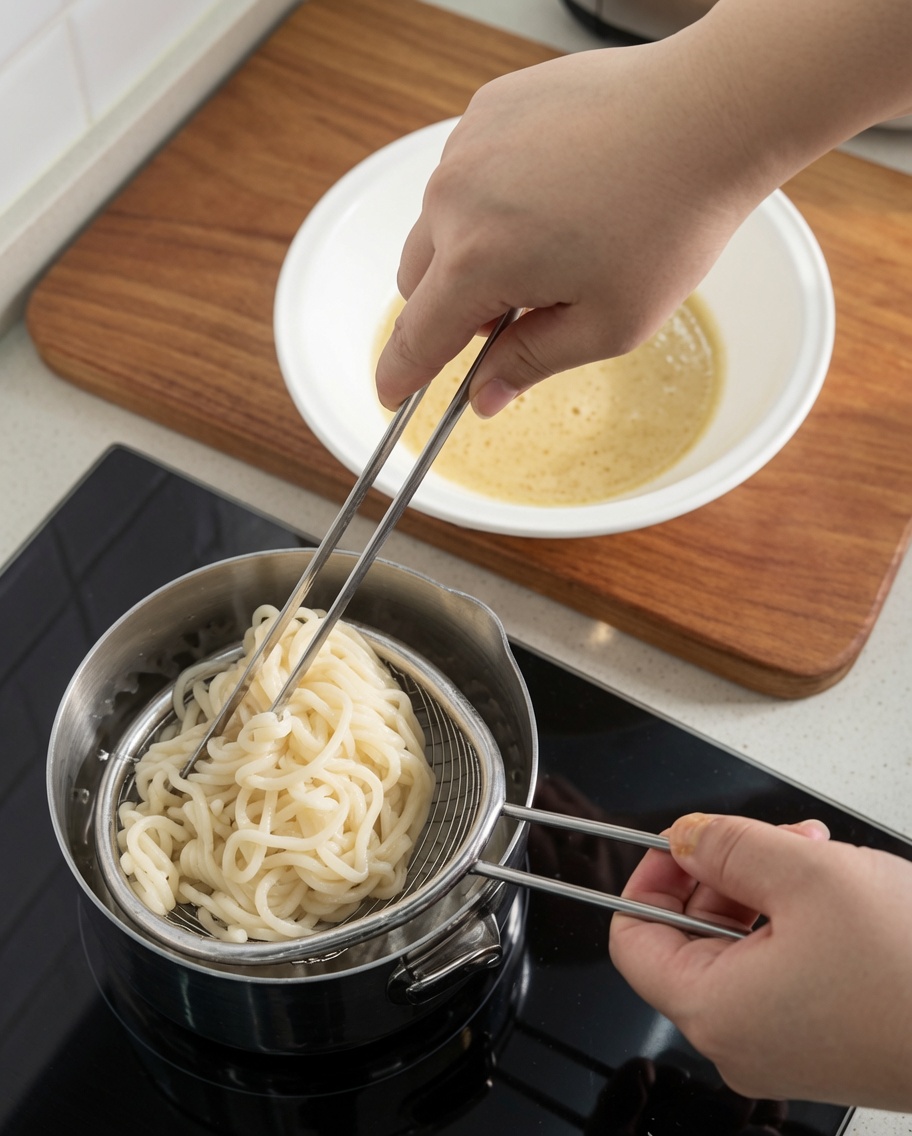 Nouilles cuites ajoutées au bol de soupe.