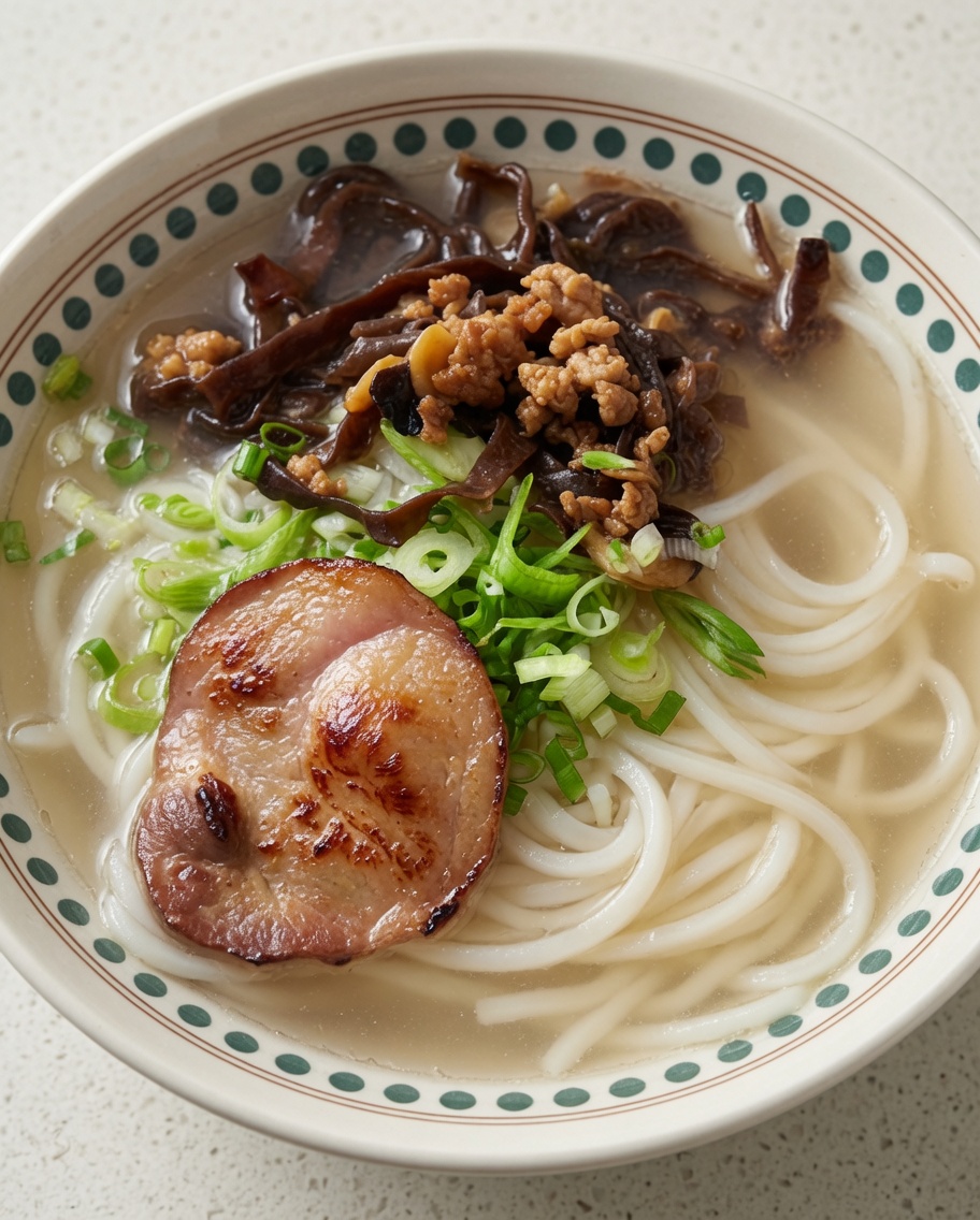 Gros plan sur un bol de ramen avec nouilles, champignons, viande et tranches de Chashu.