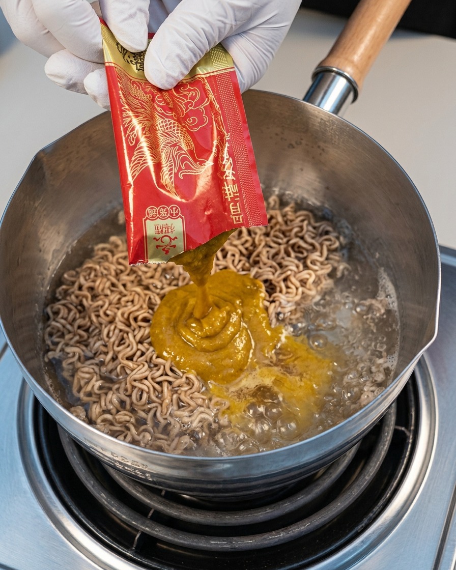 Base de soupe dos de porc japonais versée dun sachet dans leau bouillante.
