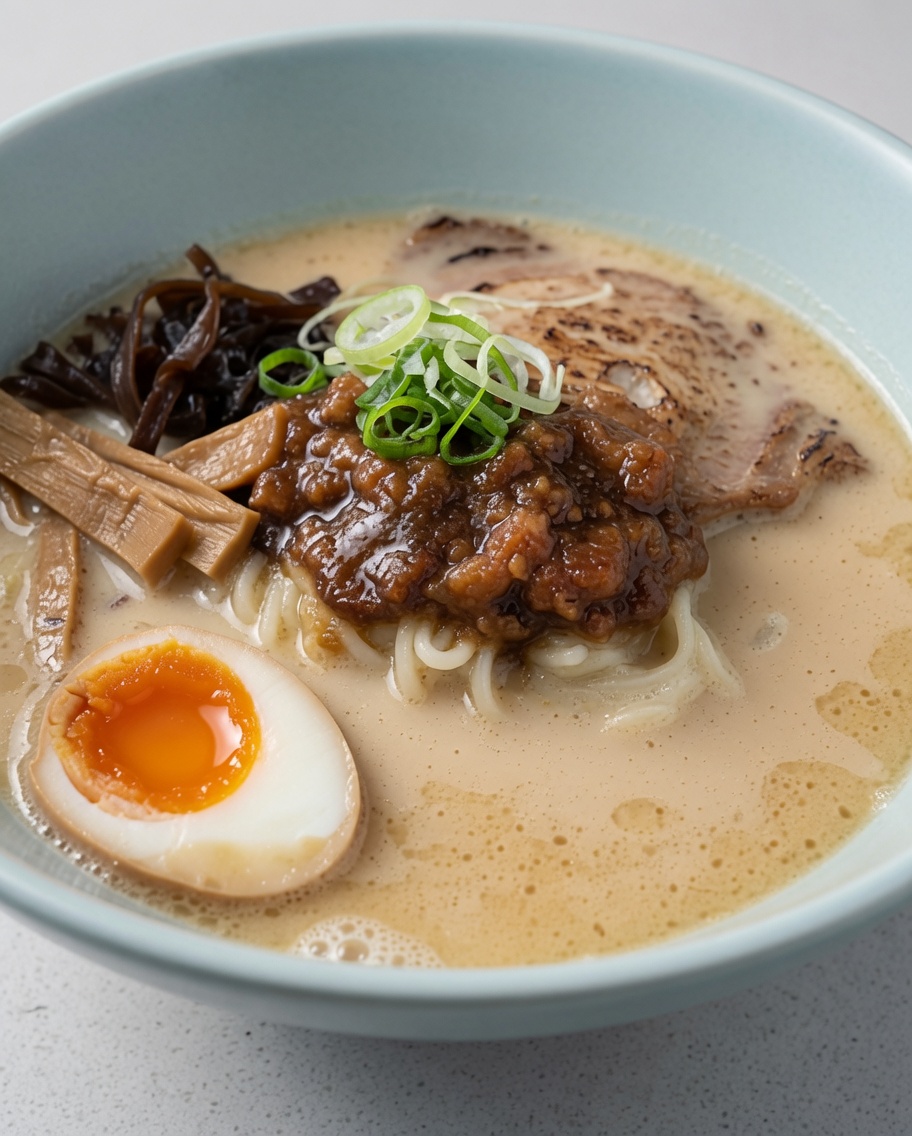 Bol de ramen terminé, garni de ciboule, déchalotes frites et de feuilles dalgue nori.