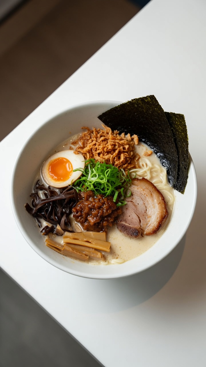 Un bol de Tonkotsu ramen japonais avec un bouillon de porc crémeux, du Char Siu saisi, un œuf mollet et des garnitures croquantes.