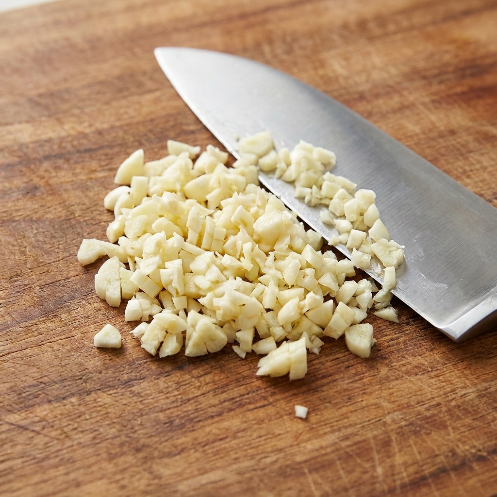 Un petit tas dail finement haché reposant sur une planche à découper en bois à côté dun couteau de chef.