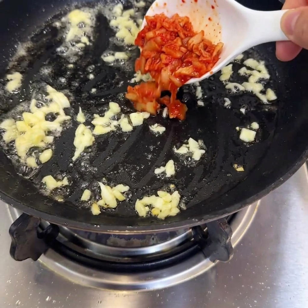 Des morceaux de kimchi ajoutés dans une poêle avec de lail doré sauté.