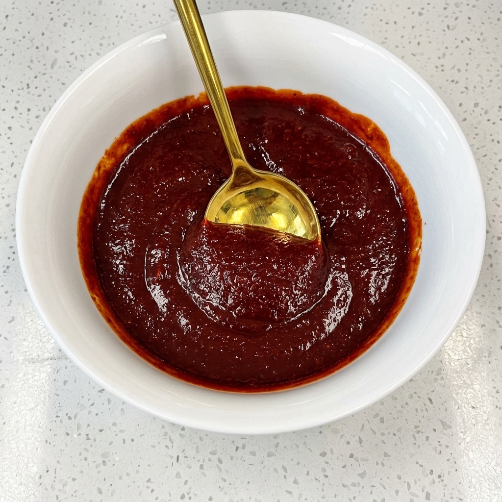 Un bloc de nouilles ramen instantanées placé dans un bouillon de kimchi rouge bouillant.