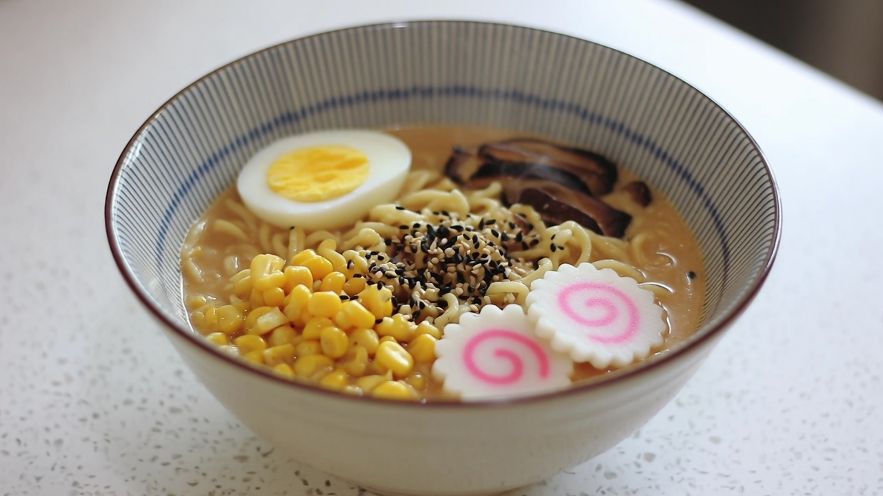 Ramen crémeux au miso, champignons shiitake et narutomaki